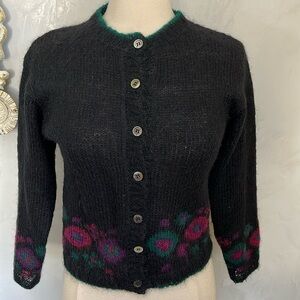 Vintage Cambridge Black Mohair Blend Cardigan w/bright floral detail Size P/S